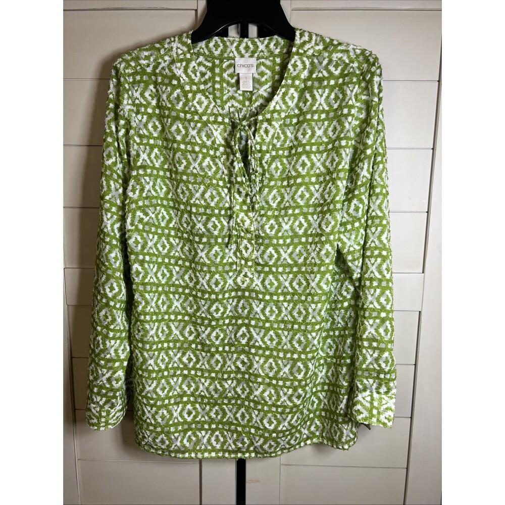 Chico's Women's Long Sleeve V Neck Tunic Top Green/White Semi-Sheer Size 1